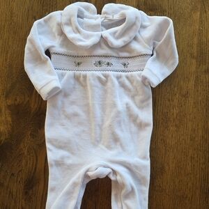 Rock-a-bye-baby White Baby Onesie Pajamas with Embroidered Elephant Detail